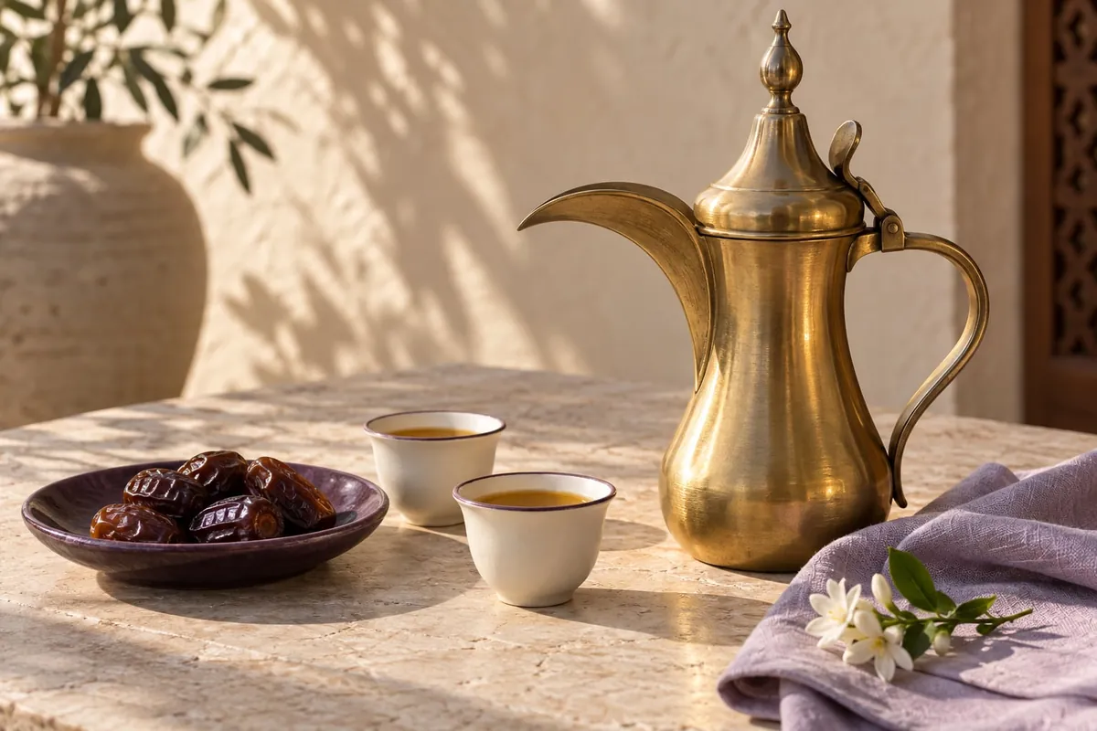 دلّة وفناجيل قهوة سعودية وتمر على سفرة المناسبة