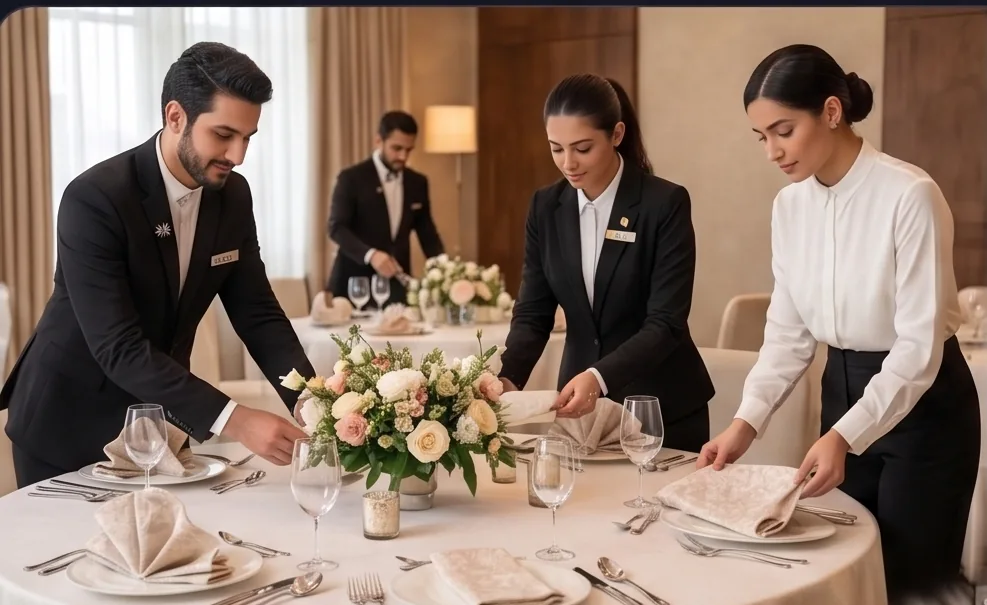 طاقم مزوّد يجهّز الطاولة